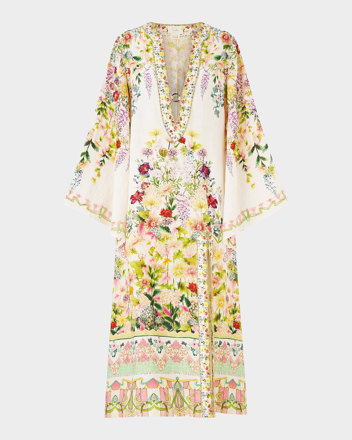Plunging V-Neck Printed Linen Caftan | Neiman Marcus
