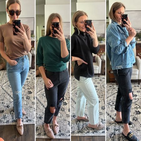 Building a fall/winter wardrobe with super versatile pieces that I’ll be mixing and matching all year. • 5’10” 160lbs // caramel short sleeve top: small // green puffy sleeve crewneck: small // black oversized turtleneck: medium (exchanging for small) // oversized jean jacket: medium // 90s straight jeans: 8 // black jeans: 8 // light straight jeans: 8 // all shoes: 11 (I’m normally a 10 but always size up to 11 for mules)

#LTKstyletip #LTKSeasonal #LTKworkwear