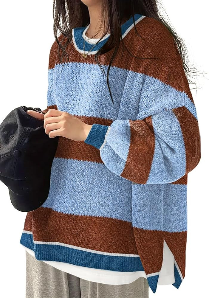 Women's Oversized Crewneck Sweaters Batwing Long Sleeve Side Slit Ribbed Knit Pullover Sweater To... | Amazon (US)