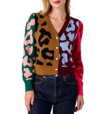 Jovie Cashmere Blend Intarsia Knit Color Block Leopard V-Neck Long Sleeve Button Front Cardigan | Dillard's