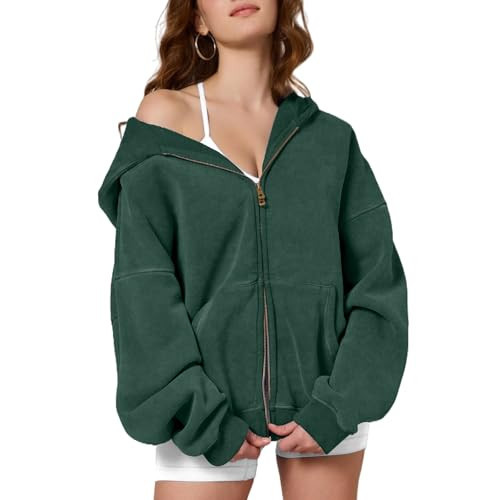 Dnzzs Womens Zip Up Hoodie Oversized Acid Wash Sweatshirts Heavyweight Fall Fashion Outfits Casual Jackets Winter Clothes,Dark Green,Small | Amazon (US)
