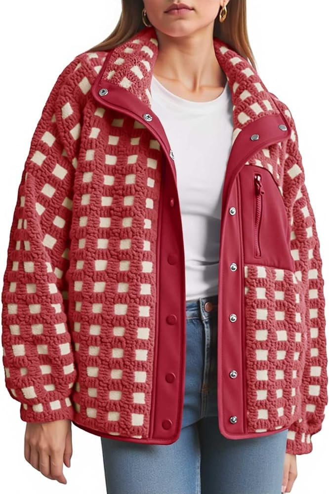 Tankaneo Womens Plaid Sherpa Jacket Fuzzy Fleece Stand Collar Button Down Jacket Winter Warm Oute... | Amazon (US)