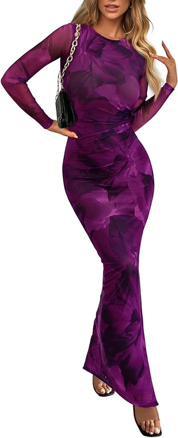 PRETTYGARDEN Women's Bodycon Maxi Dress Fall Spring Fashion Long Sleeve Floral Print Tight Fitted... | Amazon (US)