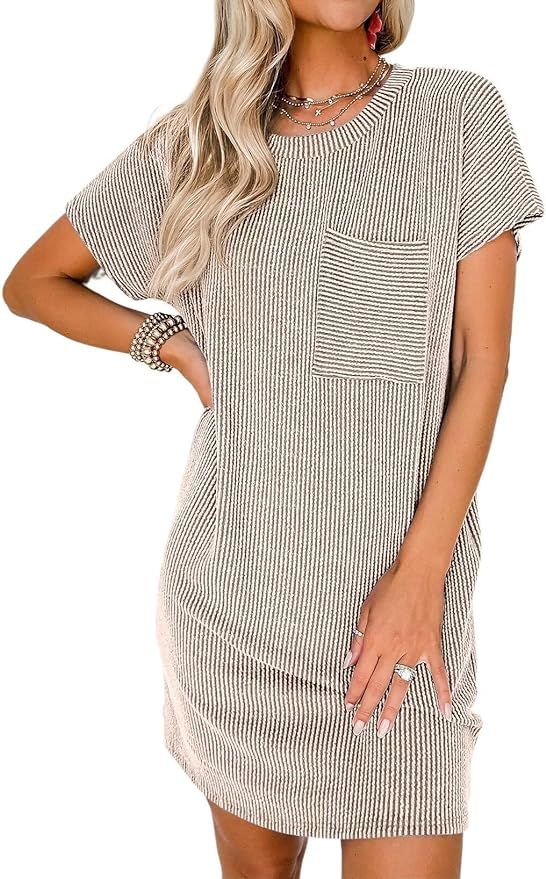 Acelitt Women Casual Summer Crewneck Short Sleeve Ribbed Mini Tshirt Dress,S-XXL | Amazon (US)