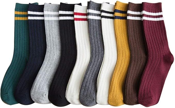 Redwind Women's 10 Pairs Fashion All Season Striped Crew Athletic Retro Cute Socks, Green, Dark B... | Amazon (US)