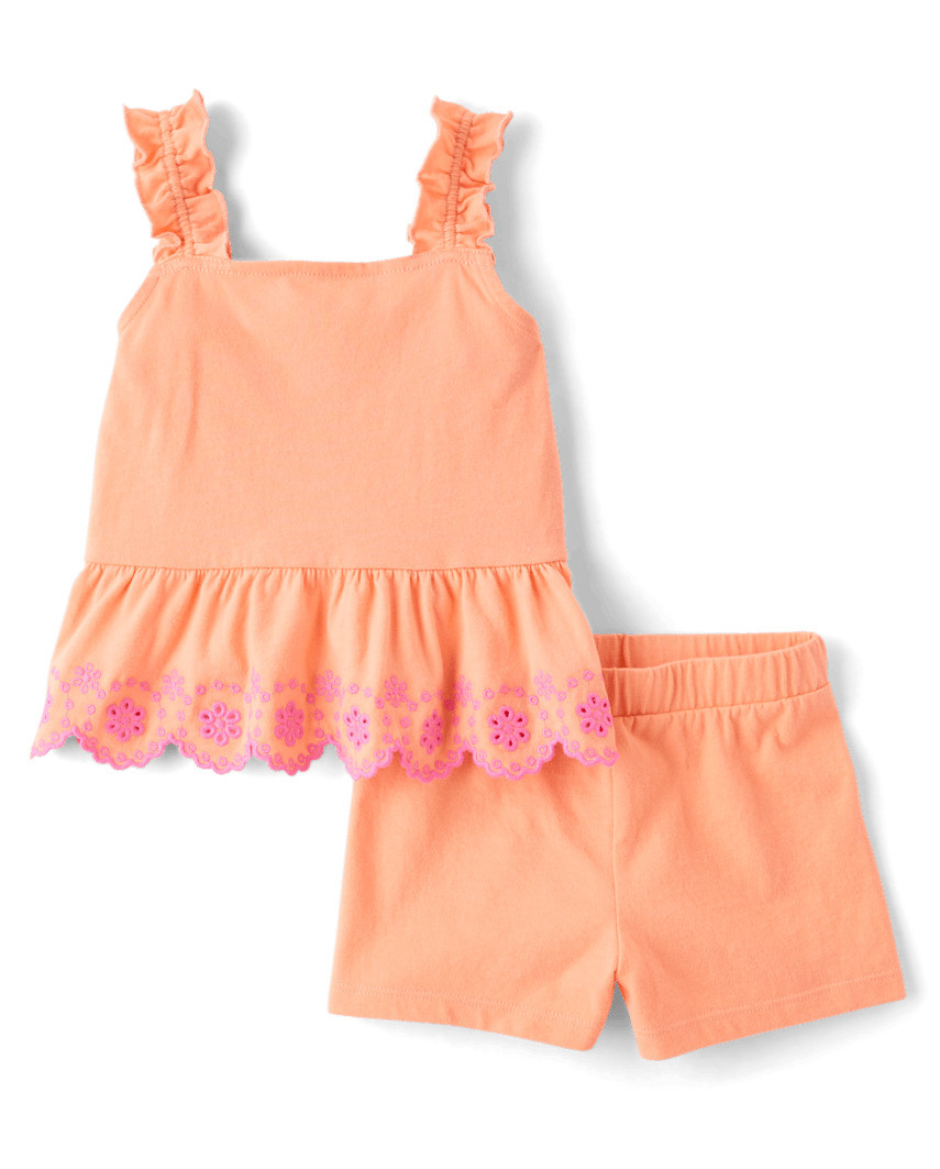 The Children's Place Toddler Girls Embroidered Eyelet 2-Piece Outfit Set | Size 2T | Coral | Cotton/Polyester | The Children's Place