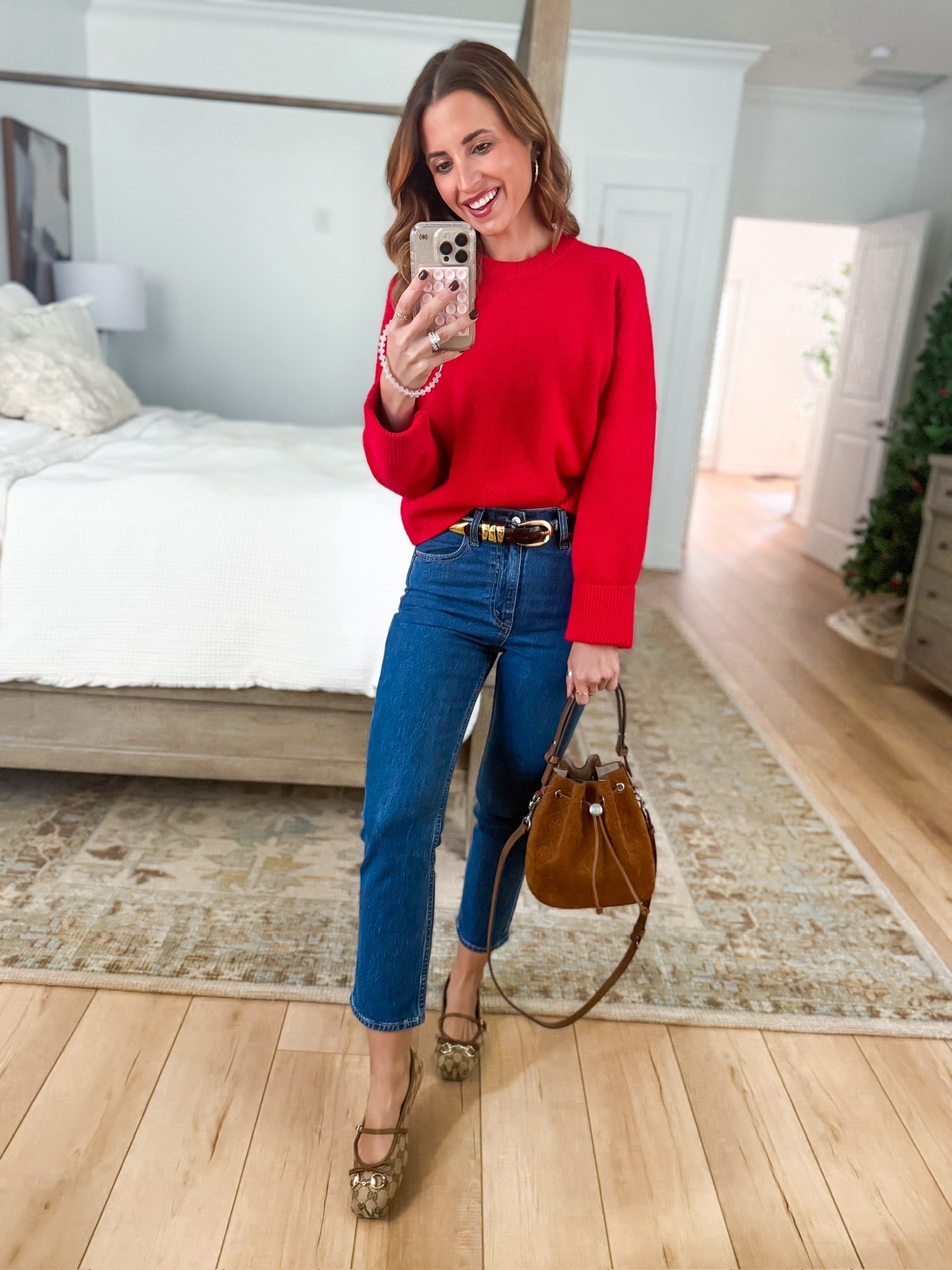 My #ootd today! Christmas sweater. Elevated casual outfit. Abercrombie red crewneck sweater in XXS. Abercrombie ankle straight jeans in 24 short. Madewell belt in XXS. Tory Burch suede bucket bag. Gucci ballet flats are TTS. 


#LTKSeasonal #LTKPetite #LTKHoliday