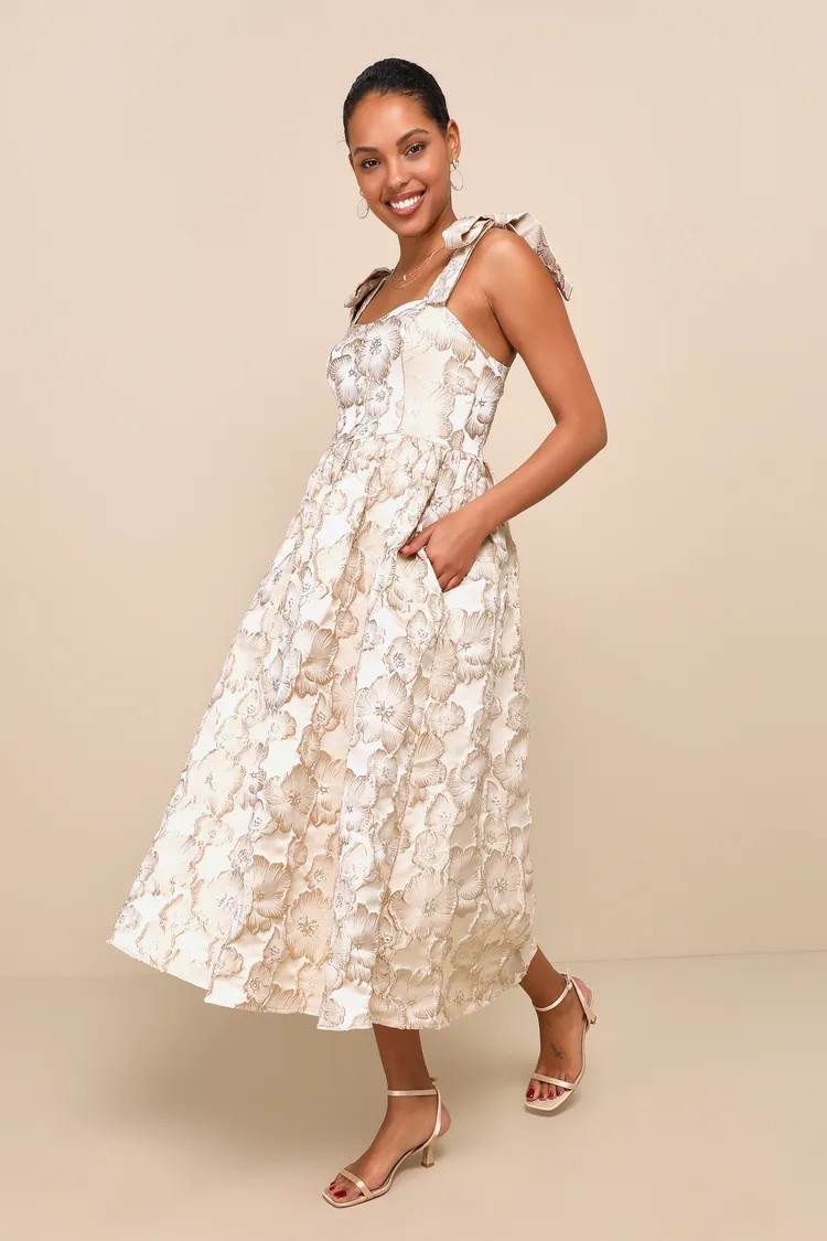 Unique Beauty Cream Floral Tie-Strap Midi Dress With Pockets | Lulus (US)
