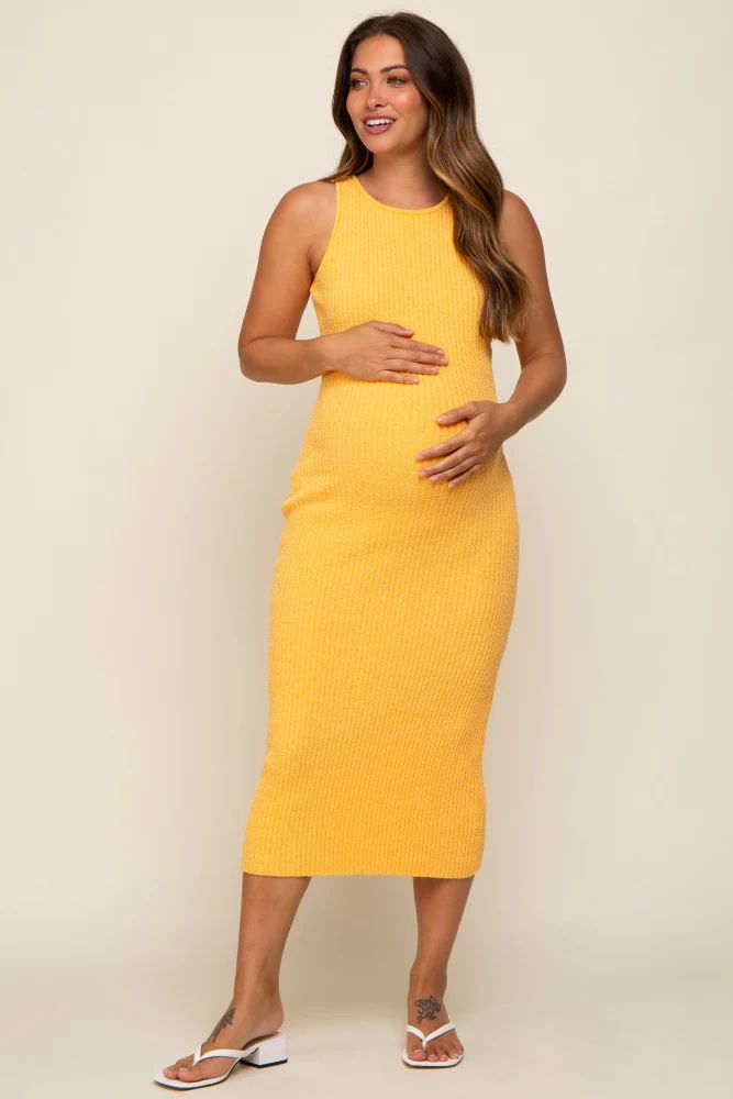 Gold Sleeveless Ribbed Knit Fitted Maternity Midi Dress | PinkBlush Maternity