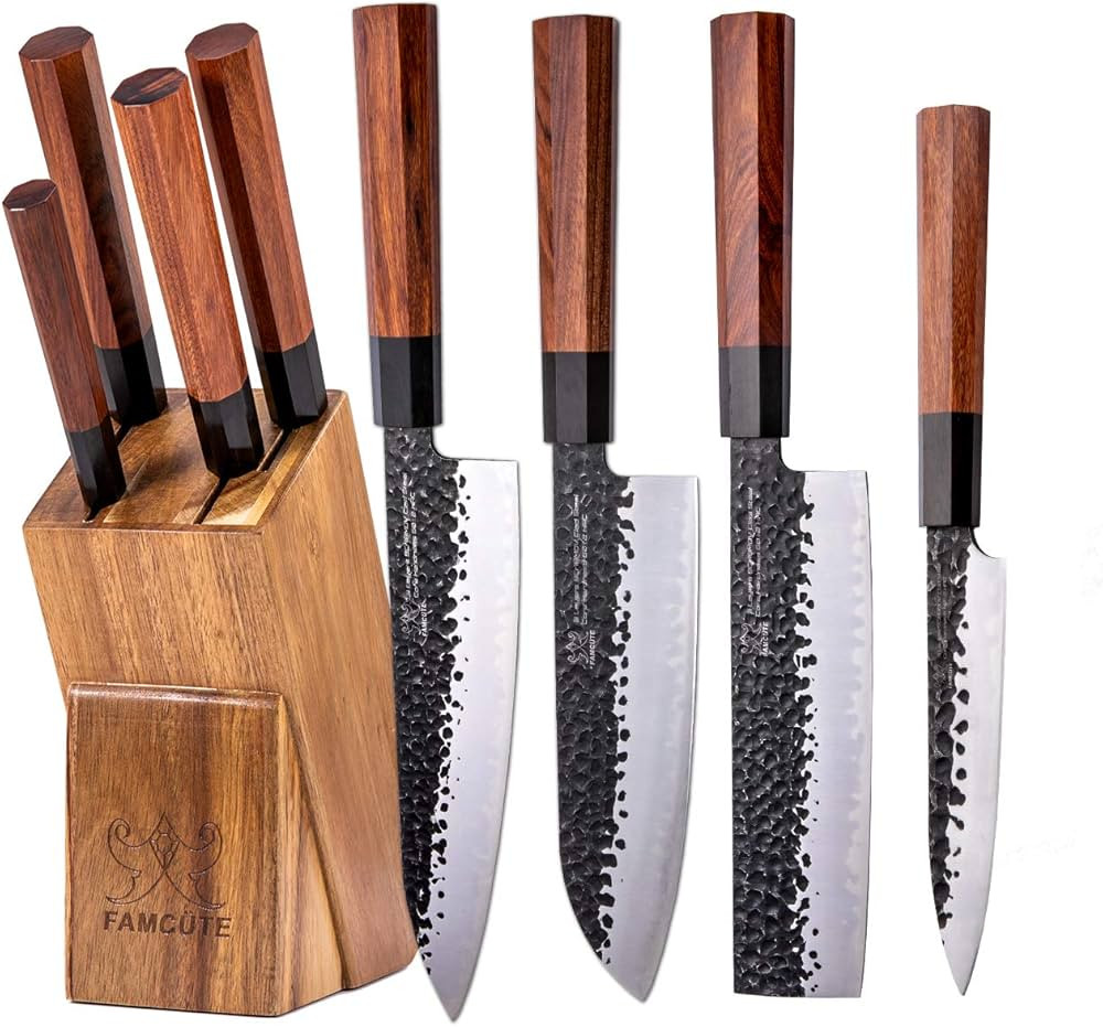 FAMCÜTE Japanese Chef Knife Set, 3 Layer 9CR18MOV Clad Steel w/octagon Handle and Block Wooden H... | Amazon (US)