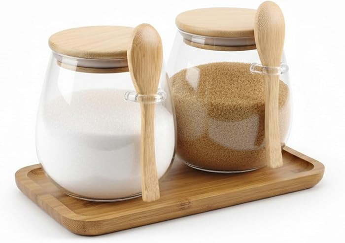 2 Pack Sugar Container, 20 oz Sugar Bowl with Bamboo Lid and Spoon, Airtight Coffee Jar with Tray... | Amazon (US)