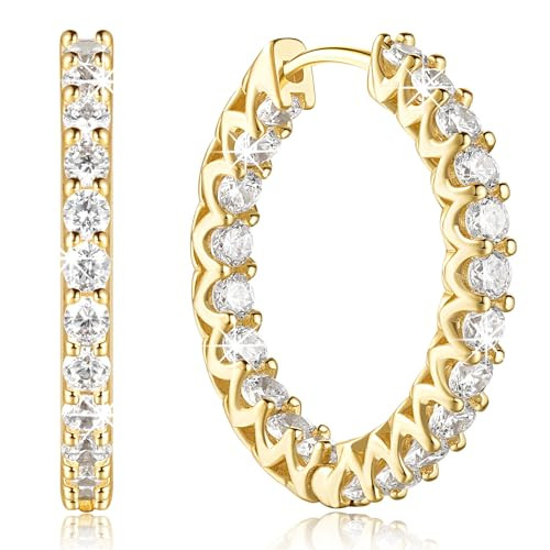 BEAUSPA Gold Hoop Earrings 14K Gold Earrings Hoops Small Gold Huggie Earrings Dual-design Diamond Hoop Earrings 25mm | Amazon (US)