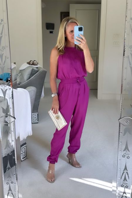 Darling silky jumpsuit from Avara for the easiest fall  outfit in a beautiful berry color!

Avara Natalie jumpsuit
Transparent nude mule sandal 
Gold clutch 
