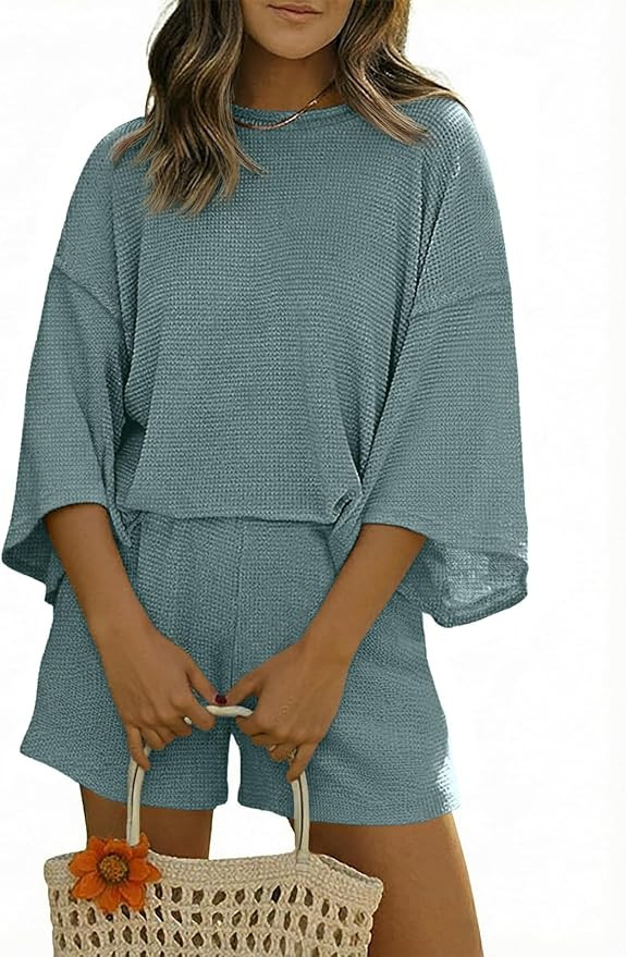 Tankaneo Womens Short Sets 2 Piece Outfits 3/4 Sleeve Tops and Elastic Waist Shorts Lounge Set Ca... | Amazon (US)