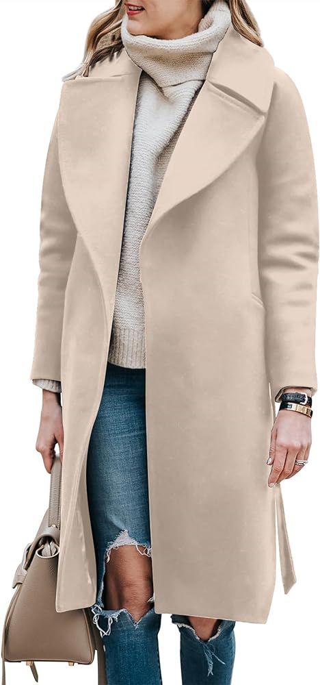 BZB Women's Long Wool Blend Pea Coat Winter Casual Overcoat Notched Lapel Collar Trench Coat Belt... | Amazon (US)