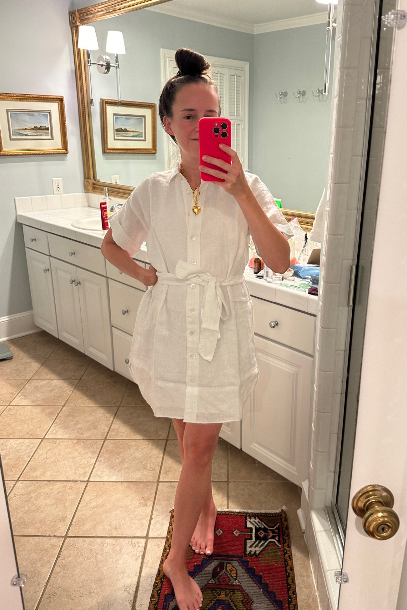 Cute linen dress for a steal with extra off of sale! I also got in blue. XSP was great for me. Jcrew runs big 🙃 Still thinking about this heart necklace. She cute…