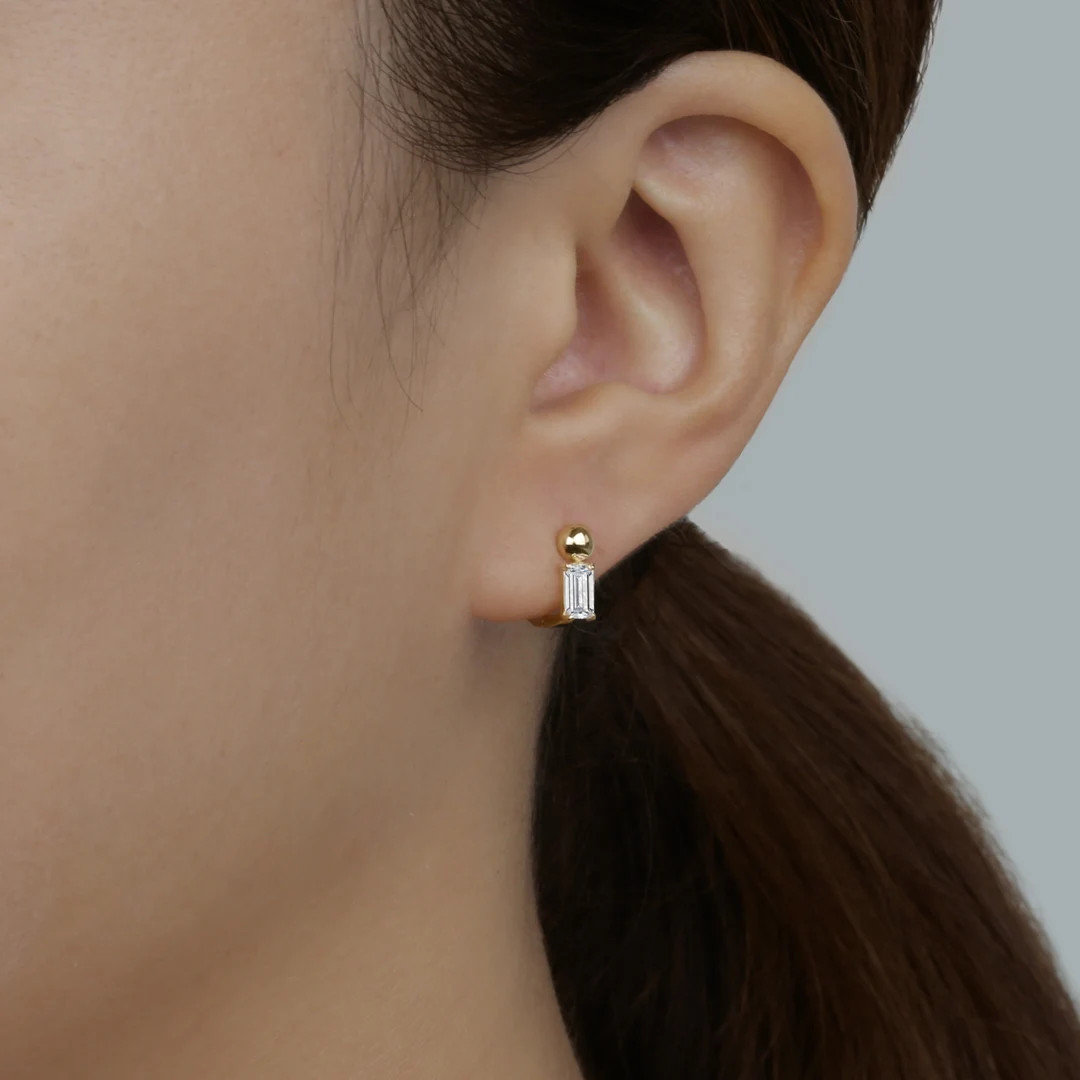 14k Solid Gold Ball Baguette CZ Hoop Earring, Small Hoop Earring, Simple Huggie Hoop Earring, Wor... | Etsy (US)