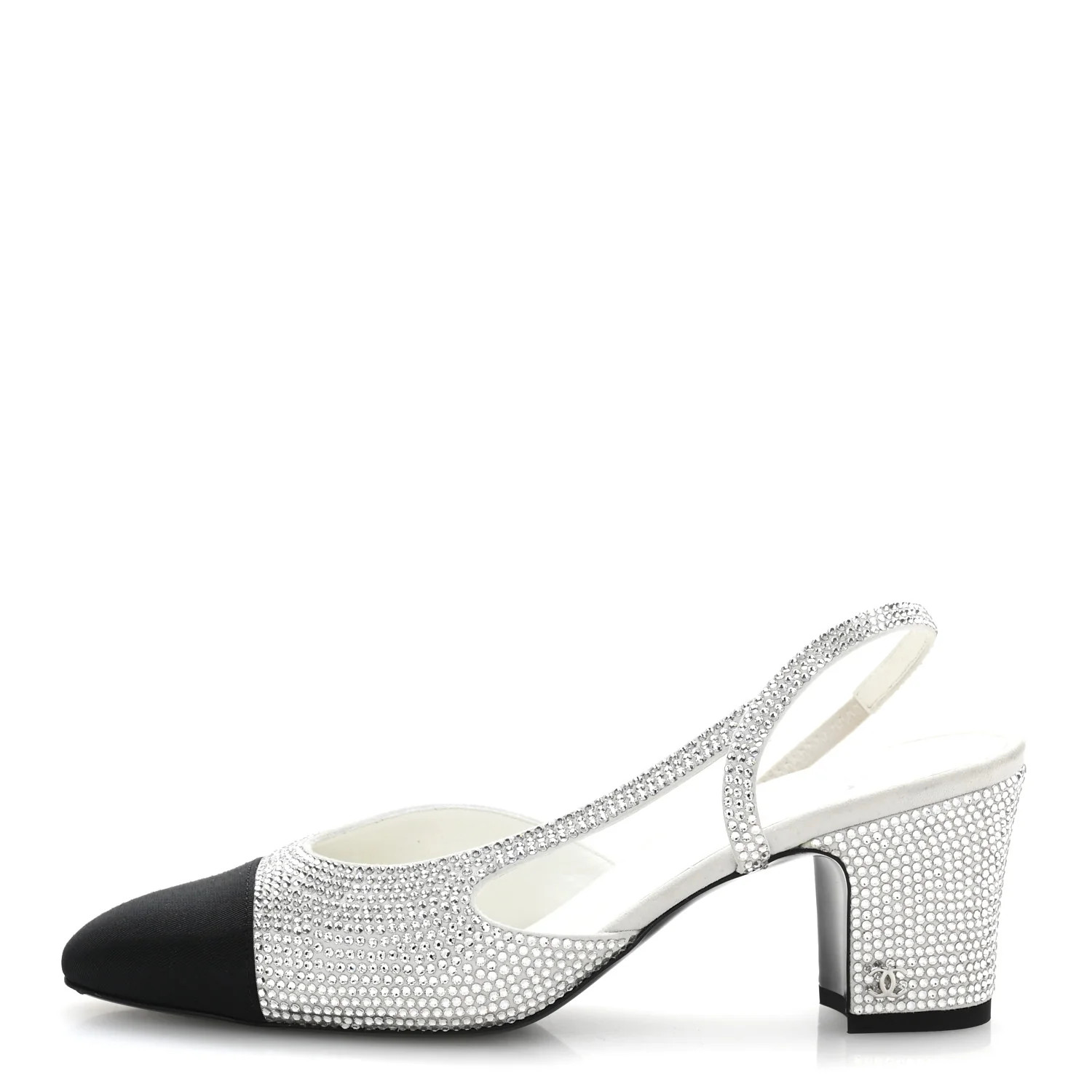 Strass Grosgrain Cap Toe CC Slingback Pumps 37.5 Silver Black | FASHIONPHILE (US)