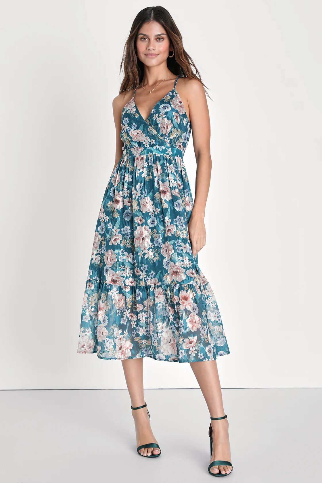 Pleasant Presence Teal Blue Floral Jacquard Tie-Back Midi Dress | Lulus (US)
