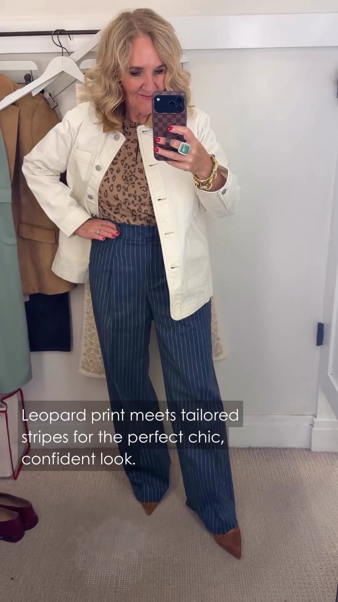 This cream utility jacket, leopard top, and navy pinstripe pants are such a chic combination. The pointed-toe flats add a polished finish while keeping the look easy to wear.

💡 LTK MADE EASY
❤️ Heart = Support my posts!
🔖 Save = Get sale & restock alerts
📋 Lists = Keep favorites organized
📲 Share = Send lists and products to a friend. Hello, Christmas List!
💬 Comment = Ask me anything about what I'm wearing.:-)

#LTKootd #LTKWorkwear #LTKOver40