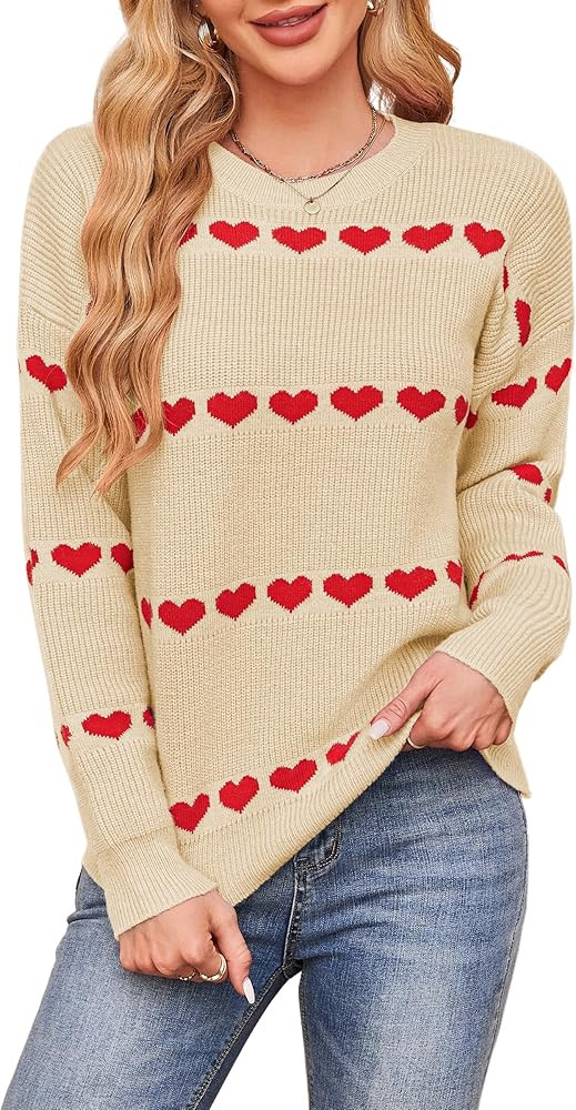 ECOWISH Women's Long Sleeve Sweater - Fall Heart Crewneck Oversized Knit Valentines Pullover Tren... | Amazon (US)