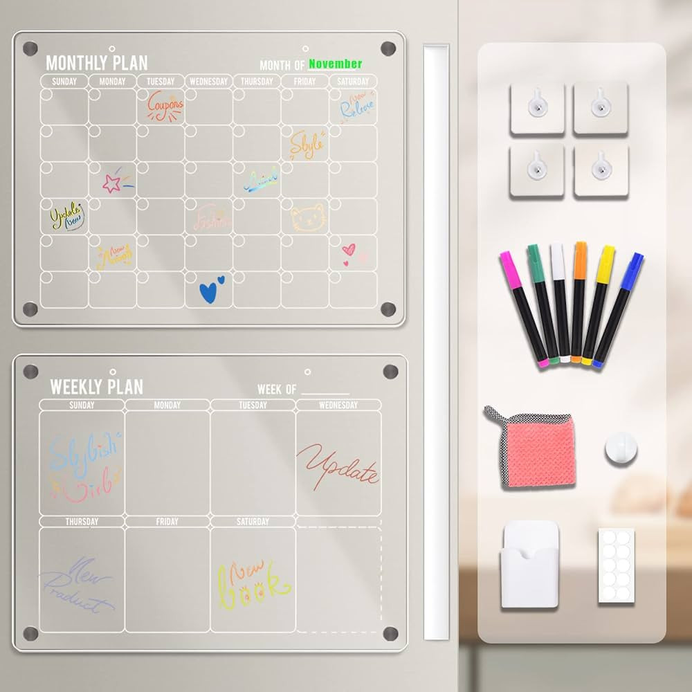 2pcs Acrylic Magnetic Dry Erase Board for Fridge, Homyaco Strong-Magnetic and Adhesive Clear Mont... | Amazon (US)
