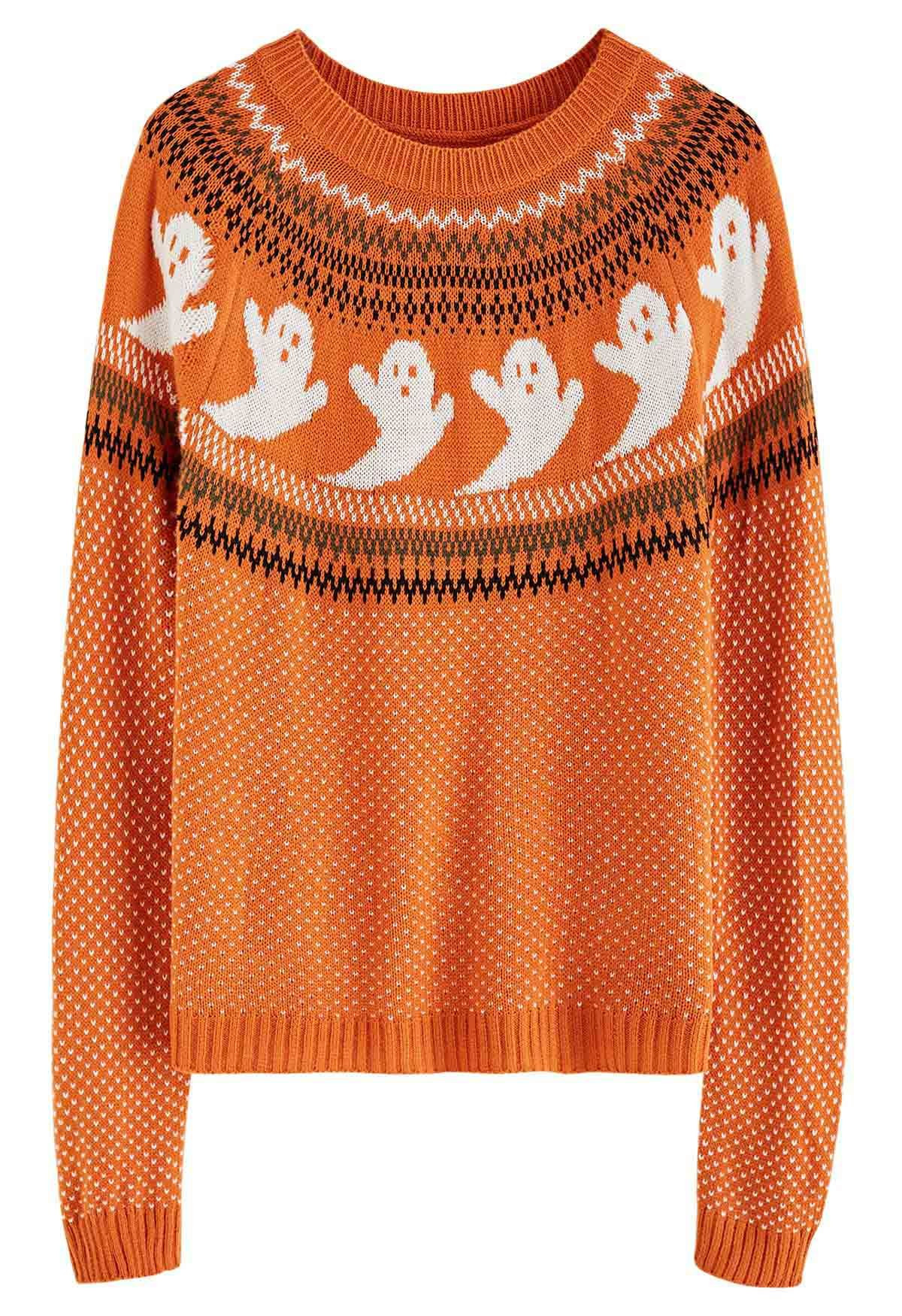 Cute Ghost Long Sleeves Knit Sweater in Orange Halloween Costumes | Chicwish