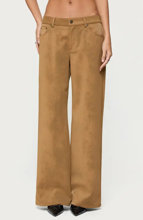EDIKTED Stacey Low Rise Wide Leg Faux Suede Pants in Brown at Nordstrom, Size X-Small | Nordstrom