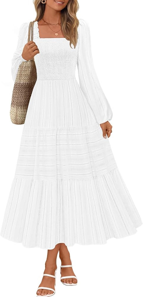 MEROKEETY Fall Dresses for Women 2025 Long Sleeve Casual Square Neck Smocked Flowy Tiered Maxi Dr... | Amazon (US)