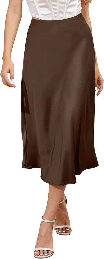 ALCEA ROSEA Womens Satin High Waisted Silk A-line Wedding Elegant Elastic Midi Skirt | Amazon (US)