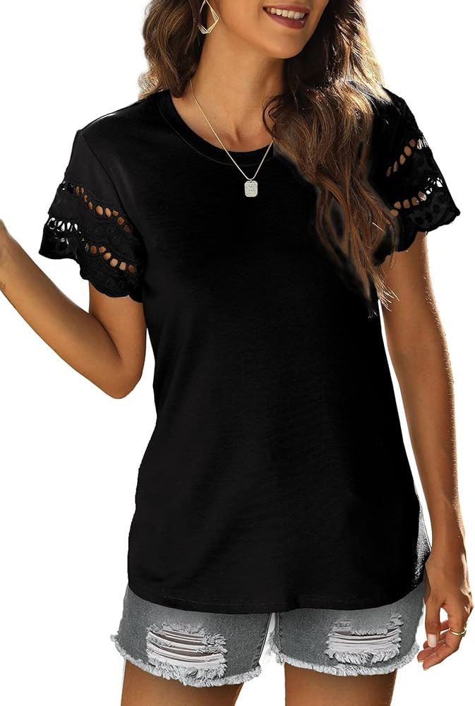 Womens Lace Short Sleeve T Shirts Summer Tops Loose Casual Tee Shirt | Amazon (US)
