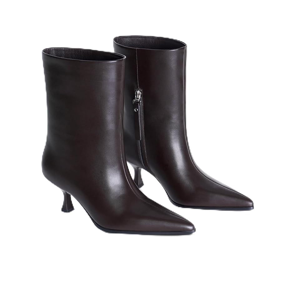 Women's Mid Calf Kitten Heel Boots – Black Pointed Toe Dress Booties in Smooth Faux Leather, El... | Amazon (US)