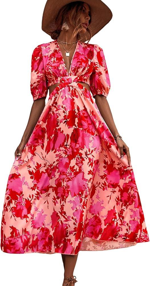MakeMeChic Women's Boho Floral Short Puff Sleeve Tie Back Cut Out High Waist A Line Summer Long D... | Amazon (US)