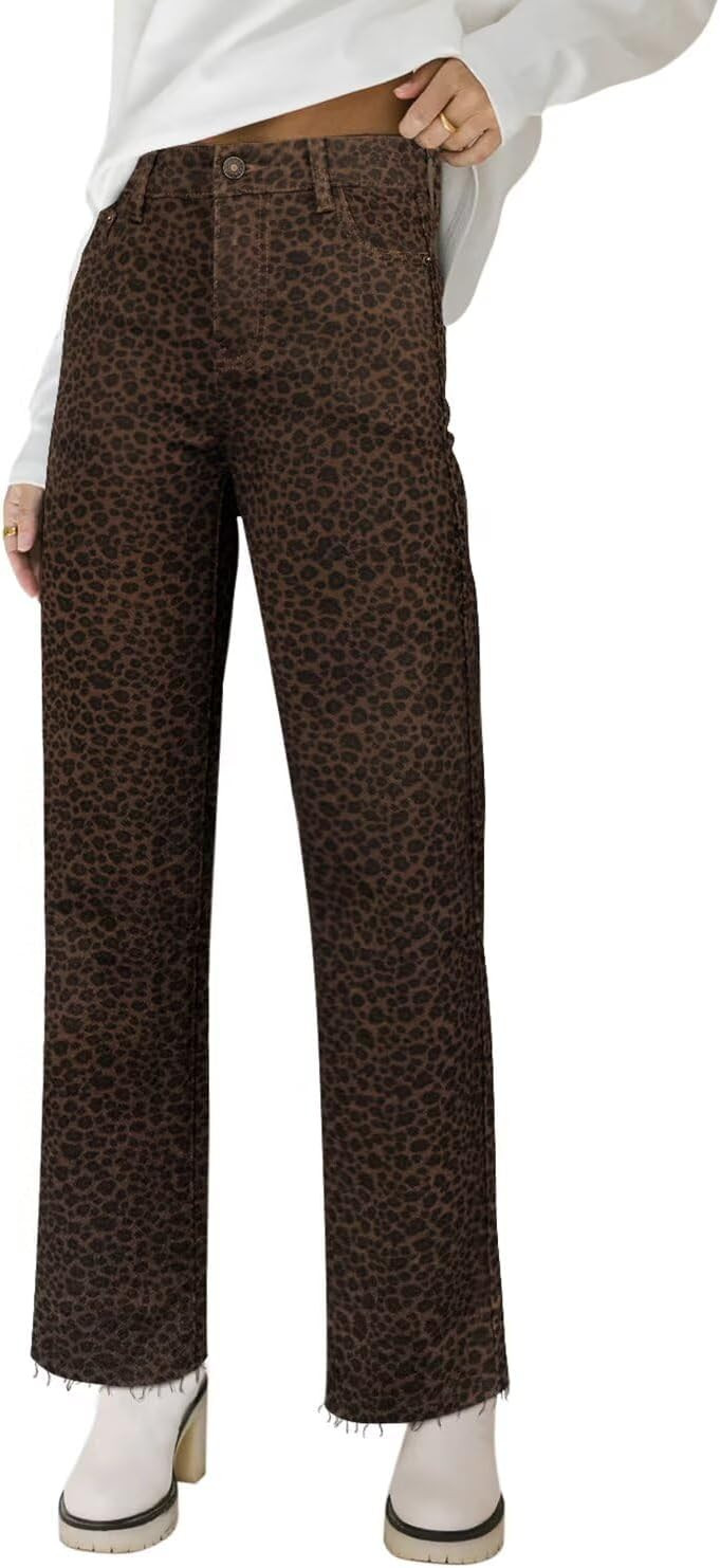 KDF Straight Leg Jeans for Women High Waisted Frayed Baggy Pants Stretchy Cropped Wide Leg Jeans | Amazon (US)