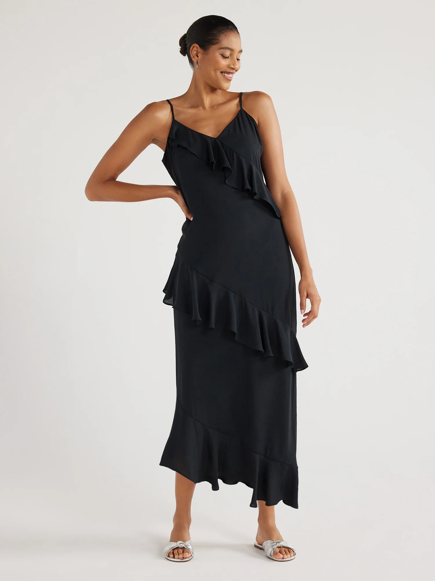 Scoop Women’s Ruffle Slip Bias Cut Dress, Sizes XS-XXL | Walmart (US)