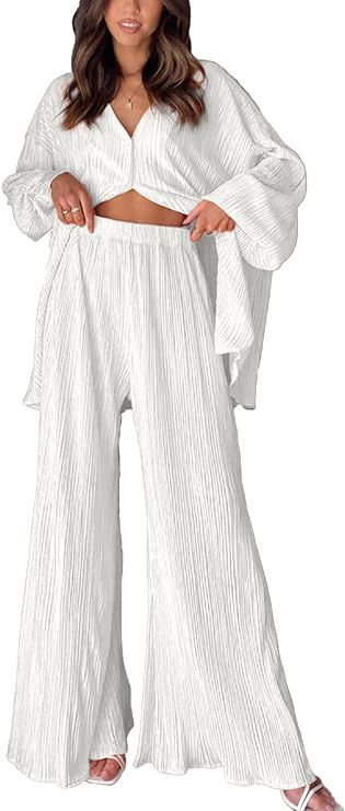 ARTFREE Womens Loungewear Set 2 Pieces Casual Pleated Outfits Sweatsuits Long Sleeve Button Down ... | Amazon (US)