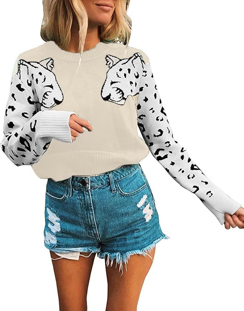 Avanova Women's Leopard Sleeve Sweater Long Sleeve Crew Neck Knitted Pullover Sweater | Amazon (US)
