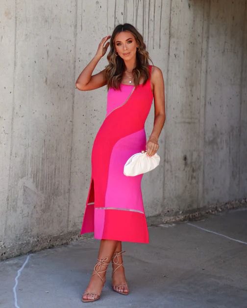 Midtown Knit Slit Midi Dress - Pink/Red | VICI Collection