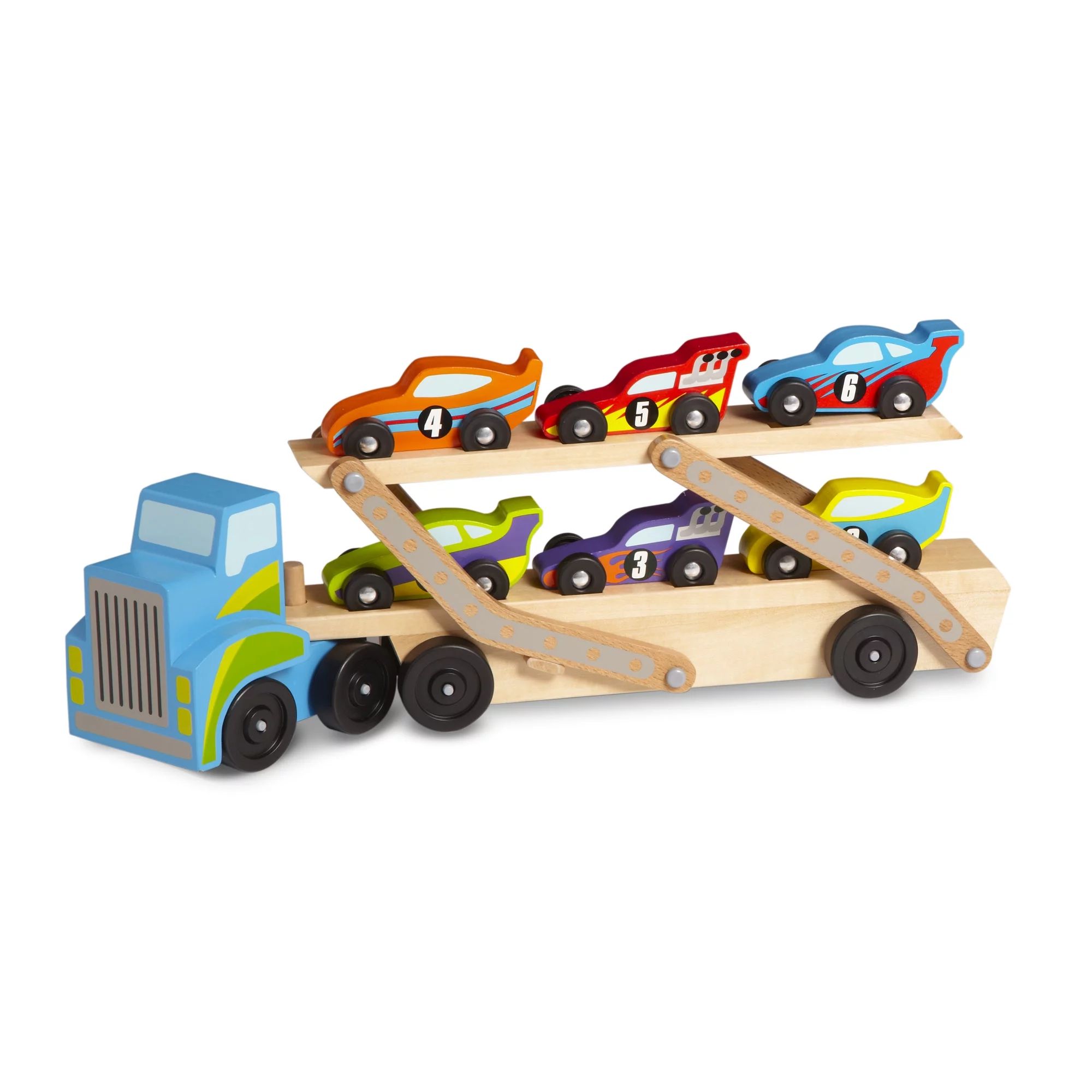Melissa & Doug Mega Race-Car Carrier - Wooden Tractor and Trailer With 6 Unique Race Cars | Walmart (US)