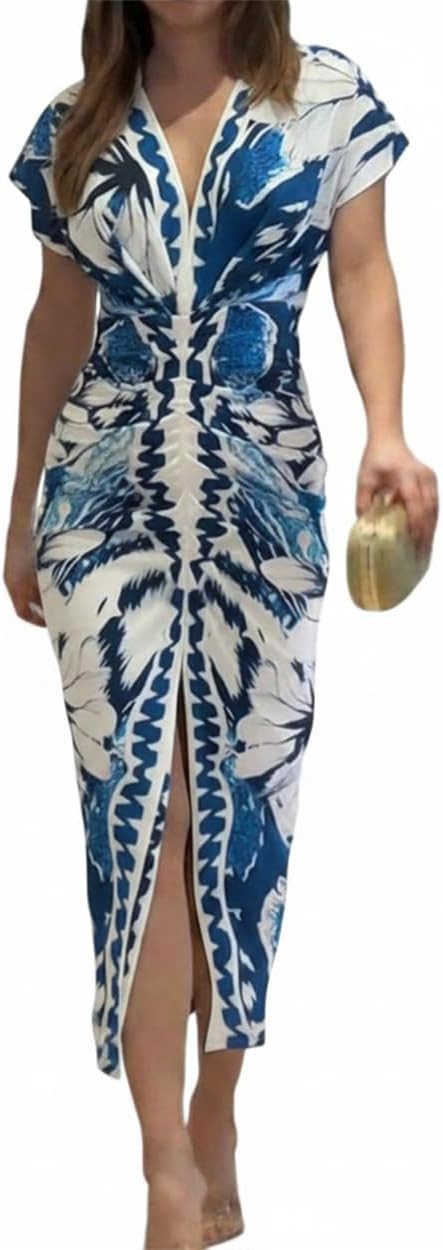 CHICME Summer Dresses for Women Floral Print Plunge V Neck Midi Dress Casual Ruched Slit Bodycon ... | Amazon (US)