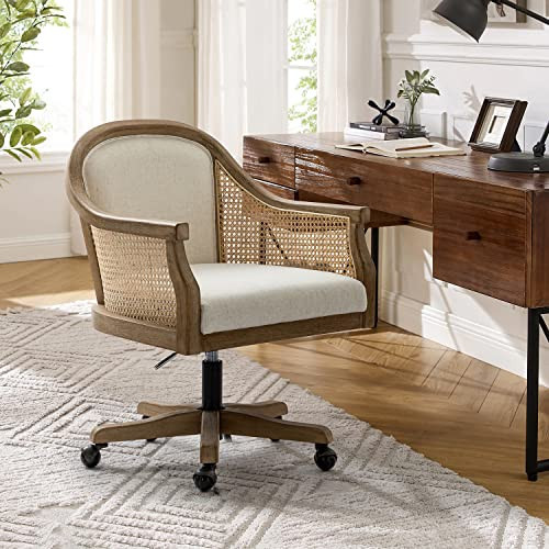 HULALA HOME Rattan Desk Chair, Upholstered Home Office Chair, Vintage Office Chair with Armrest, Adjustable Swivel Rolling Height Task Chair for Living Room Bedroom Study Room, Ivory | Amazon (US)