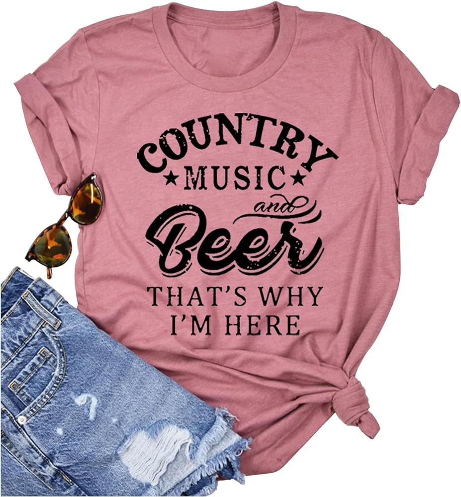 Country Music and Beer Funny Drinking Shirt for Women Summer Vacation T Shirts Vintage Country Sh... | Amazon (US)
