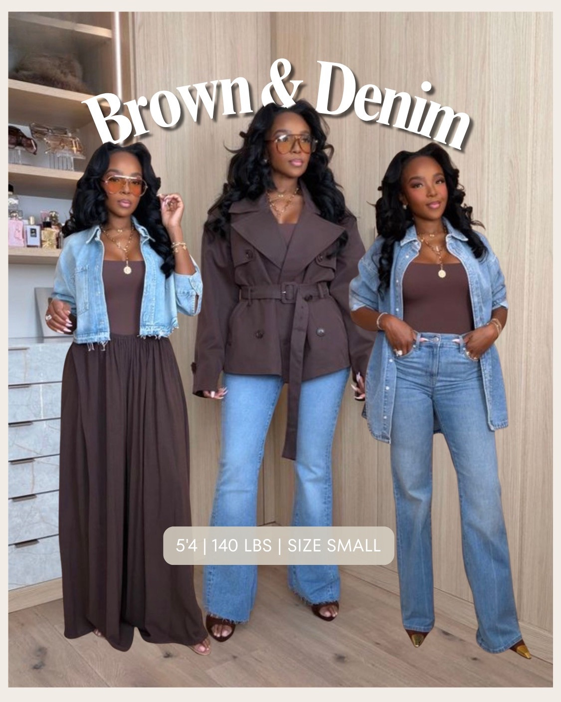 BROWN + DENIM 🤎

The fall color combo I’ll never get tired of. Brown paired with denim makes every outfit feel instantly elevated, and these looks give you three easy ways to wear the trend all season.

Wearing: Size Small | 5’4” | 140 lbs | 34D-27-40

brown and denim outfit, fall outfit ideas, brown outfit women, denim outfit inspiration, chocolate brown outfit, casual fall outfits, elevated casual style, fall denim trends, petite fall outfits, brown blazer outfit, denim maxi skirt outfit, wide leg jeans outfit, everyday fall style, fall fashion 2026

📲 Download the FREE LTK app & follow me (@kirasfashionfinds).

#LTKPetite #LTKFall

#LTKootd #LTKPetite #LTKMidsize