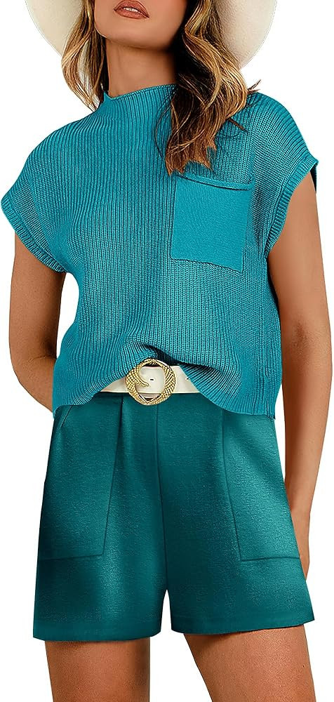 Prinbara Women's 2 Piece Outfits Summer Sweater Short Sets Knit Pullover Tops and Shorts Tracksui... | Amazon (US)