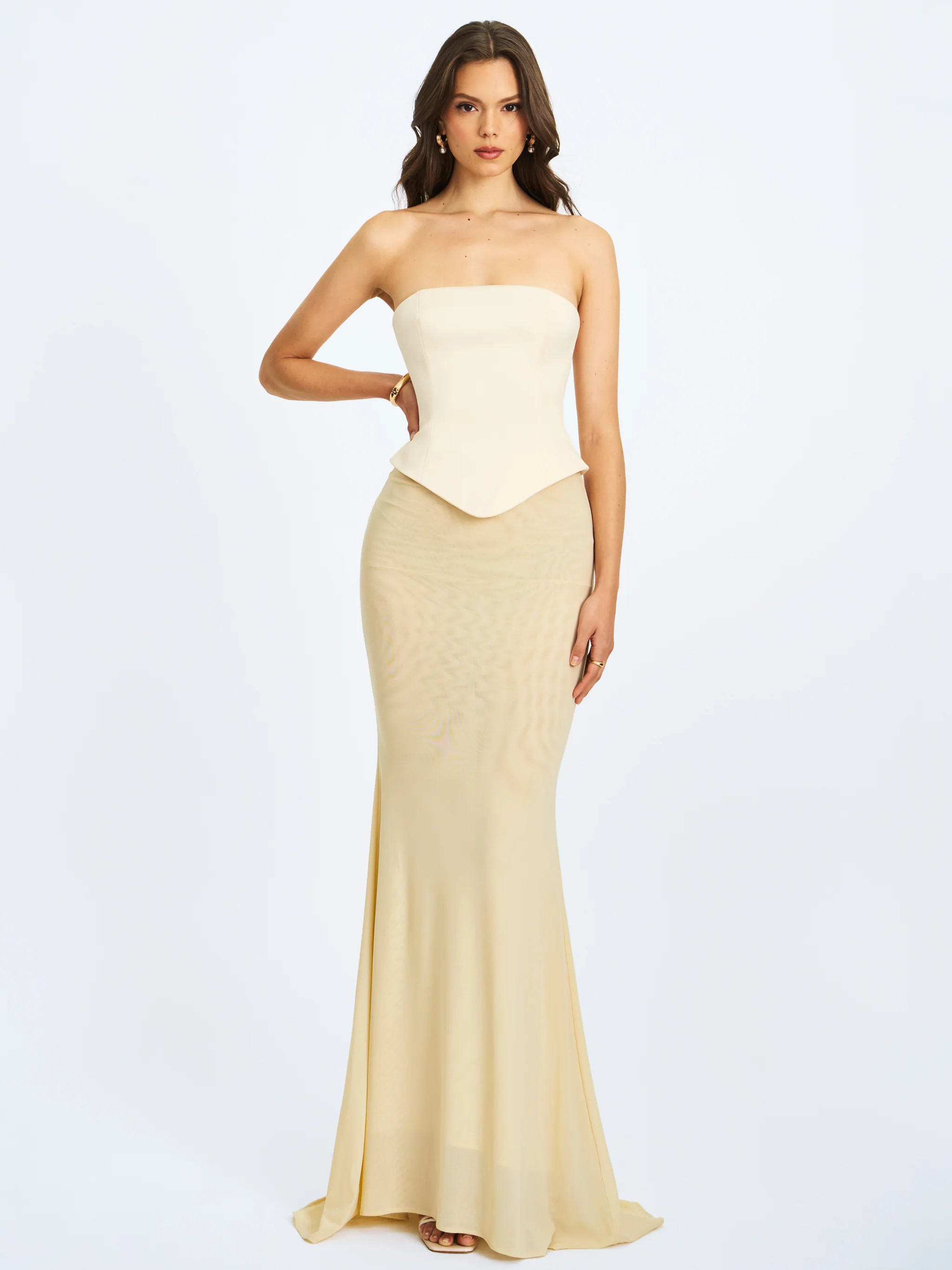 Adelina Butter Yellow Peplum Mermaid Gown with Lace-up Back | Miss Circle