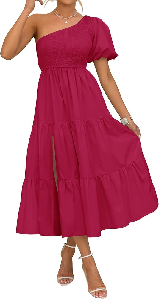 ZESICA Women's 2023 Boho Summer One Shoulder Short Sleeve Smocked Side Split Ruffle Swing Midi Dr... | Amazon (US)