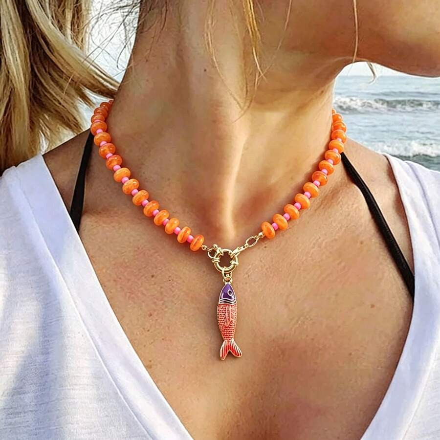 NEWBMOR 1piece Beach Vibe Fish Charm Beaded Choker, Multi-Color Bohemian Necklace, Summer Vacatio... | SHEIN
