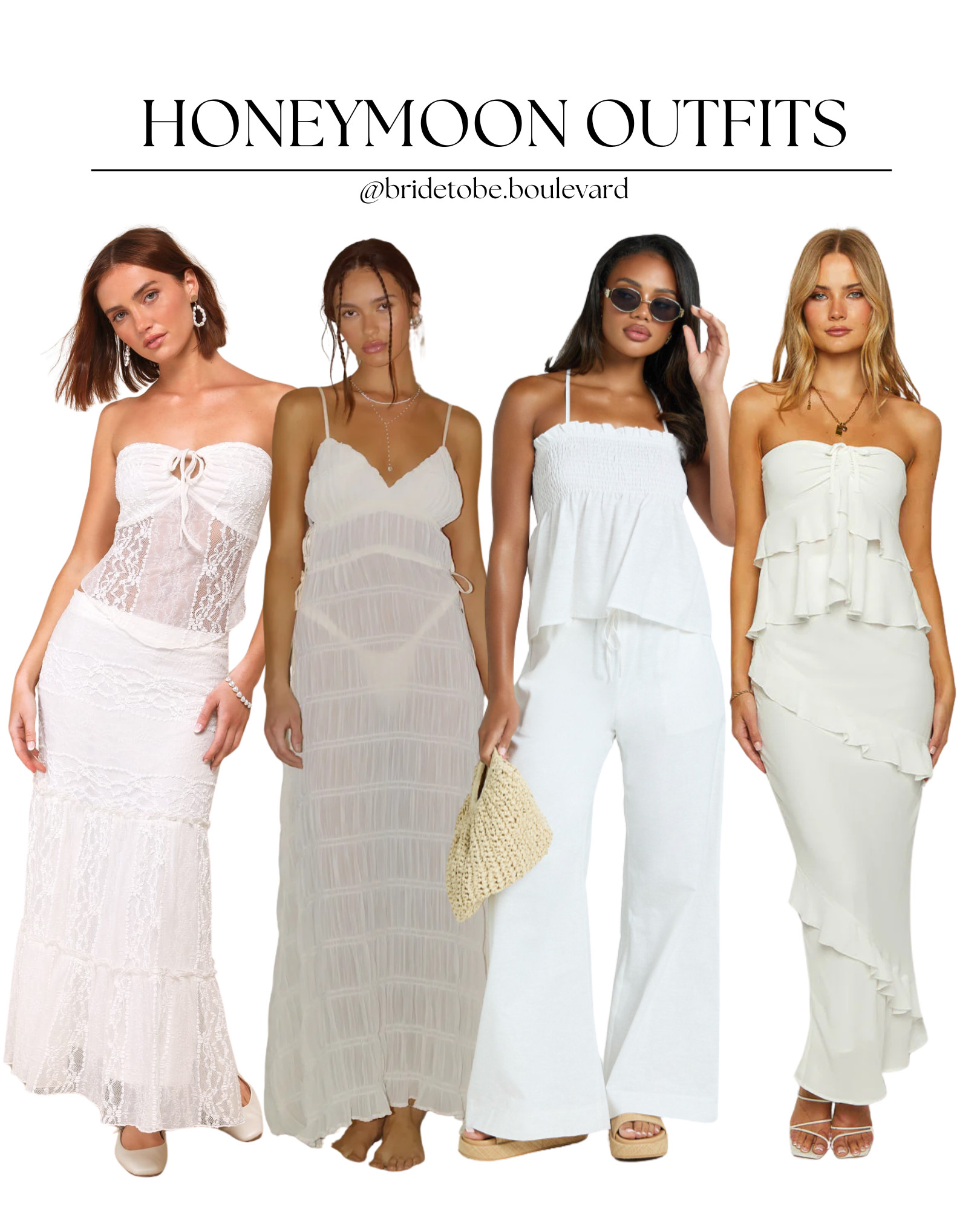 🌴 Honeymoon Wardrobe Goals – Flowy Sets & Beachy Layers 🌴
Planning your honeymoon wardrobe? These romantic and relaxed outfit picks are perfect for sipping cocktails seaside, strolling through your resort, or heading out for a sunset dinner ✨

Featuring:
— A two-piece strapless set with a tie front and delicate lace details paired with a flowy mesh-lace maxi skirt – effortlessly dreamy 💕
— A sheer cinched cover up that layers perfectly over swimwear or a romantic dinner look 🏖️
— A two-piece beachy pants set that’s equal parts comfy and chic ☀️
— A strapless ruffle skirt set made for twirling under tropical skies 🌺

#HoneymoonLooks #BeachOutfits #BridalVacationStyle #TwoPieceSet #LaceMaxiSkirt #CoverUpStyle #ResortChic #HoneymoonWardrobe #BrideOnVacation #TropicalStyle #LTKHoneymoon #TravelStyleInspo 

 #LTKParties #LTKTravel #LTKWedding