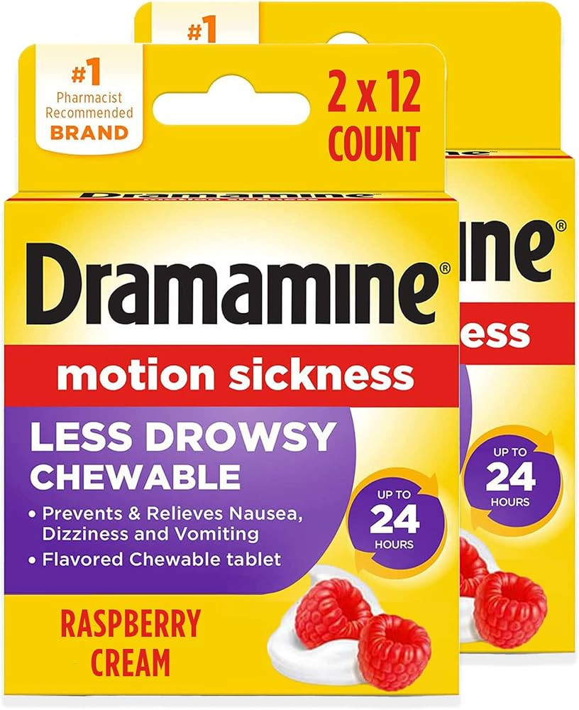 Dramamine Chewable Less Drowsy, Motion Sickness Relief, Raspberry Cream Flavor, 12 Count, 2 Pack | Amazon (US)