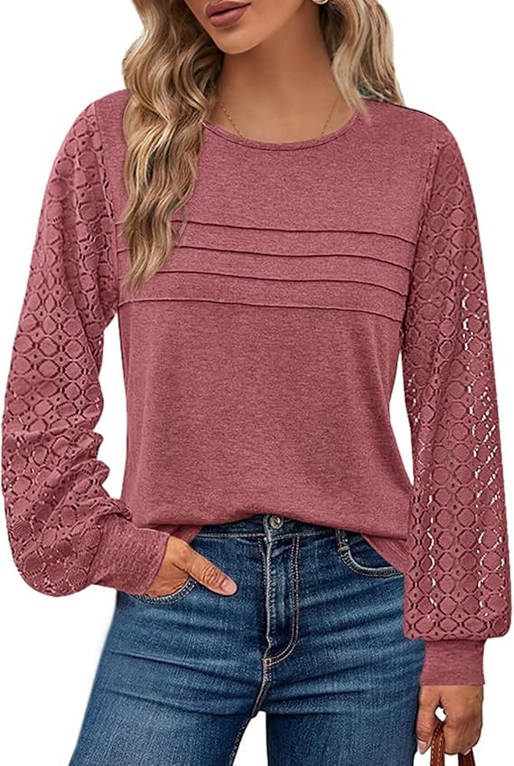 BTFBM Women's Long Sleeve Shirts Dressy Lace Fall Tops 2026 Trendy Business Casual T-Shirts Cute ... | Amazon (US)